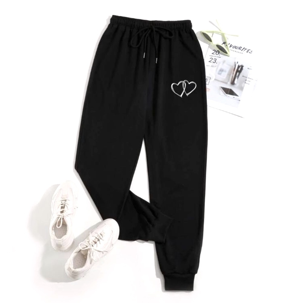 Black Heart Print Drawstring Sweatpants